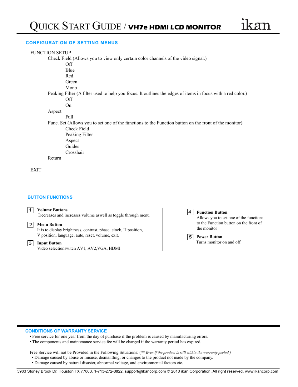Uick, Tart, Uide | Vh7e hdmi lcd monitor | ikan VH7e User Manual | Page 3 / 3