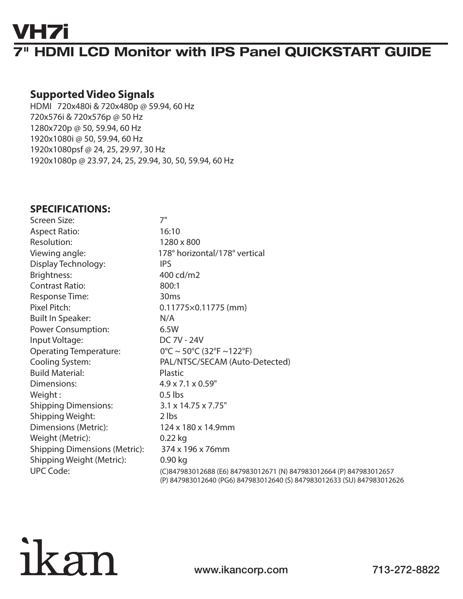 Vh7i, Supported video signals | ikan VH7i-1 User Manual | Page 4 / 4