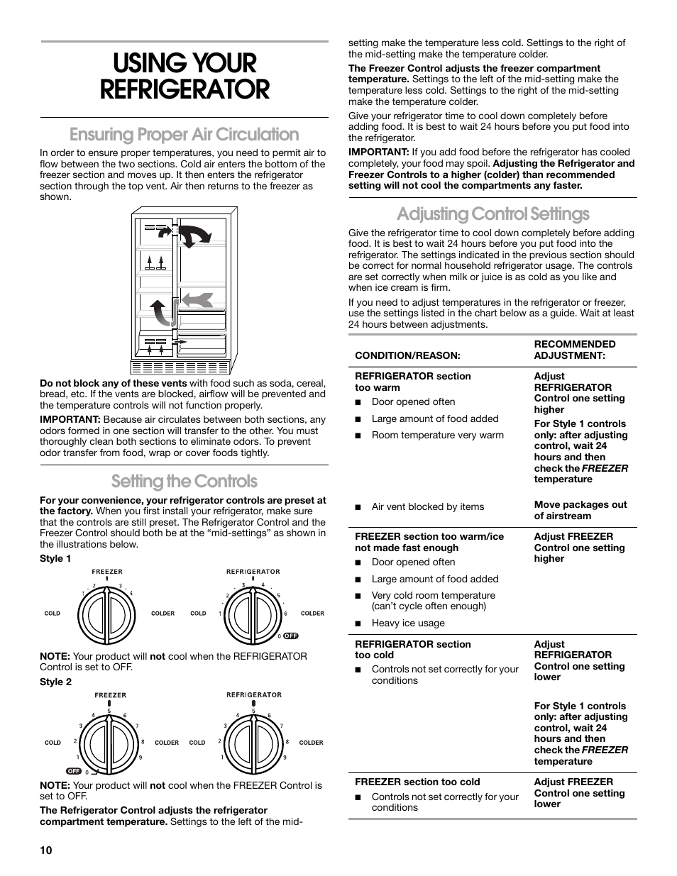 Using your refrigerator, Ensuringproperaircirculation, Setting the controls | Adjusting control settings, Ensuring proper air circulation | Crosley 2211602 User Manual | Page 10 / 24