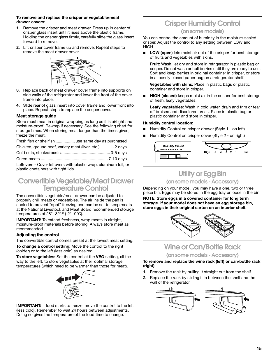 Meat storage guide, Adjusting the control, Crisper humidity control | On some models), Utility or egg bin, On some models - accessory), Wine or can/bottle rack | Crosley 2211602 User Manual | Page 15 / 24
