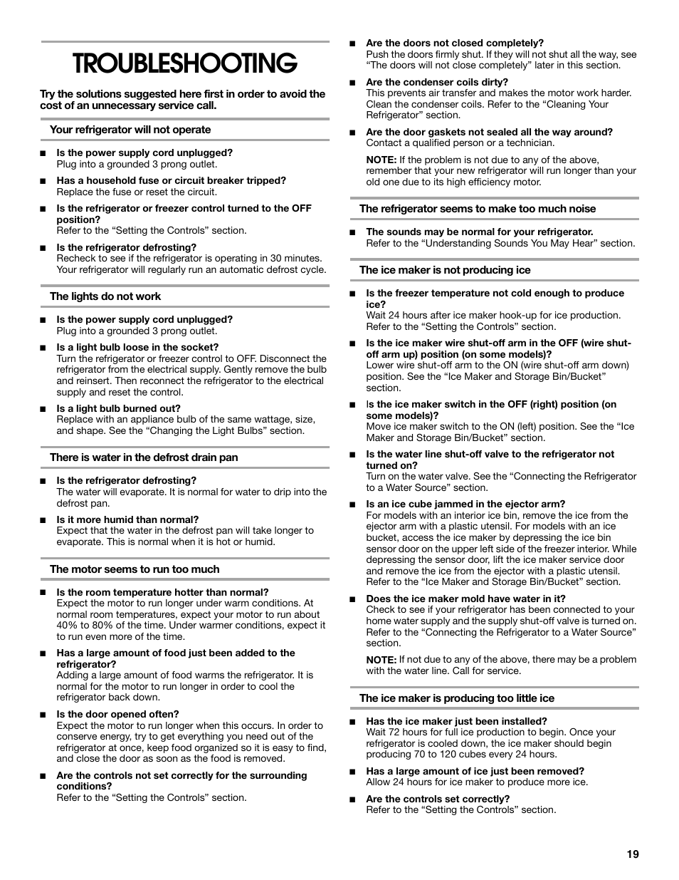 Troubleshooting, Your refrigerator will not operate, The lights do not work | There is water in the defrost drain pan, The motor seems to run too much, The refrigerator seems to make too much noise, The ice maker is not producing ice, The ice maker is producing too little ice | Crosley 2211602 User Manual | Page 19 / 24