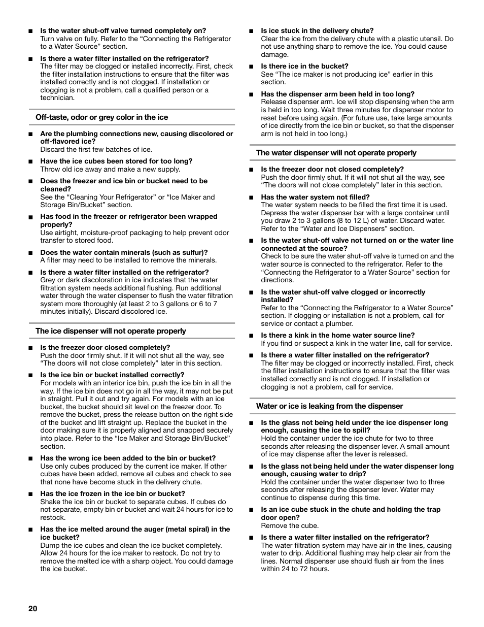 Off-taste, odor or grey color in the ice, The ice dispenser will not operate properly, The water dispenser will not operate properly | Water or ice is leaking from the dispenser | Crosley 2211602 User Manual | Page 20 / 24