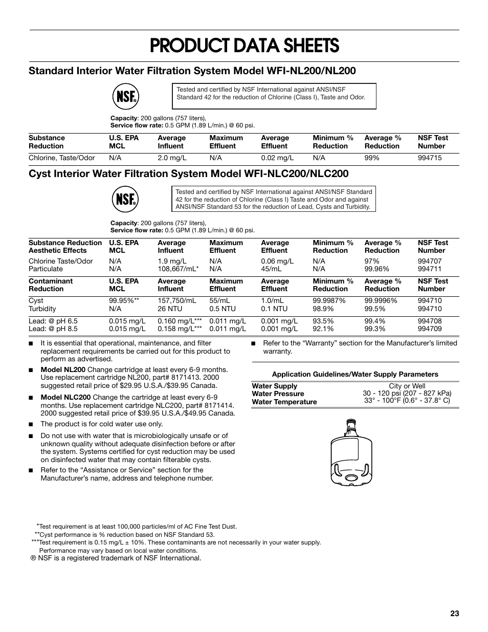 Product data sheets, Application guidelines/water supply parameters | Crosley 2211602 User Manual | Page 23 / 24