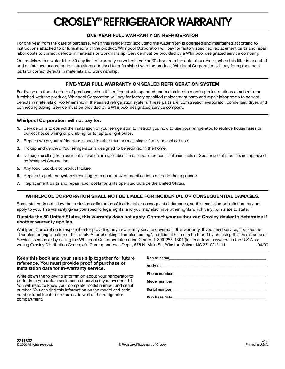 Crosley® refrigerator warranty, Crosley, Refrigerator warranty | Crosley 2211602 User Manual | Page 24 / 24