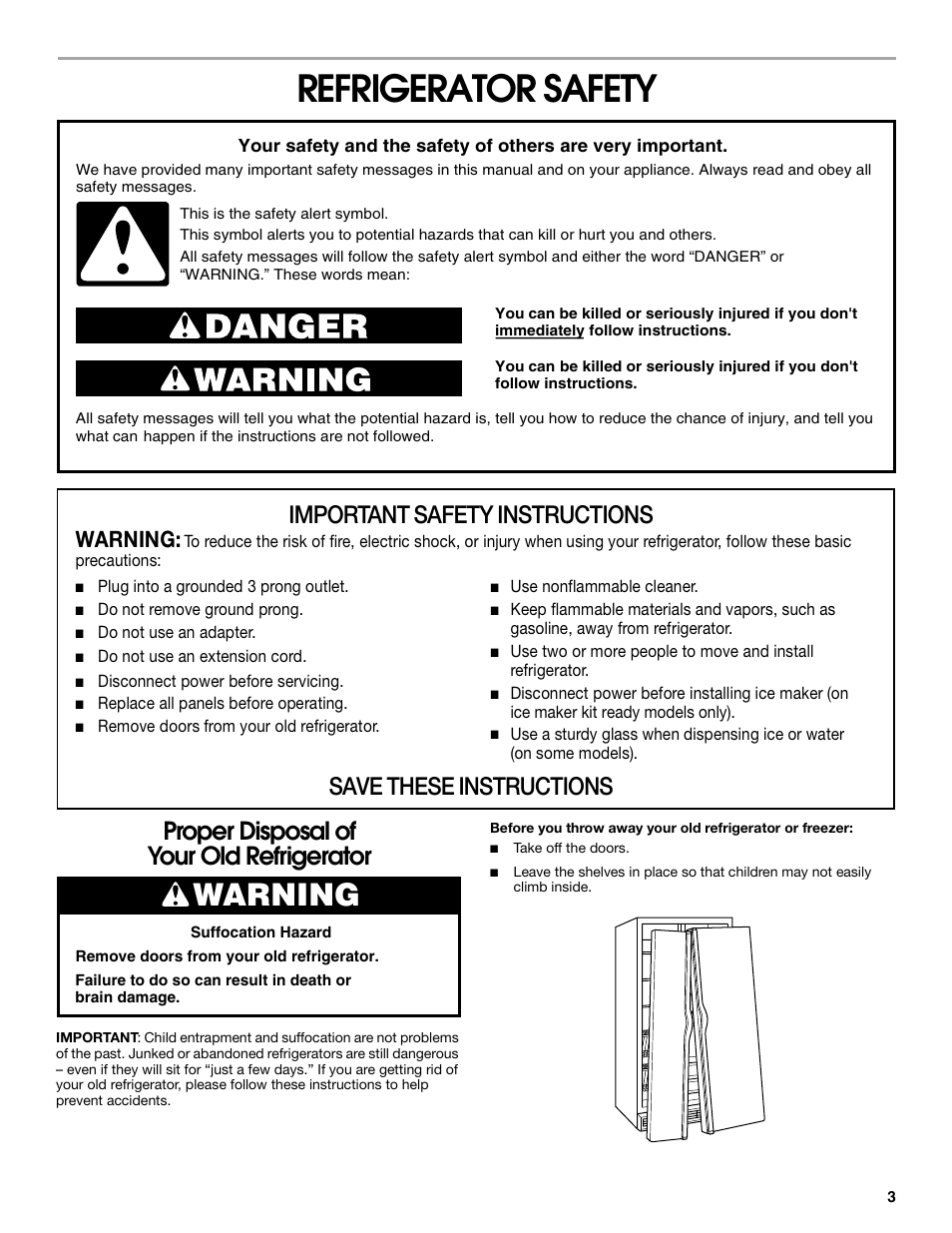 Refrigerator safety, Properdisposalof youroldrefrigerator, Proper disposal of your old refrigerator | Important safety instructions, Save these instructions, Warning | Crosley 2211602 User Manual | Page 3 / 24