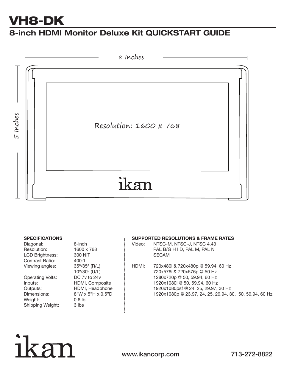 Vh8-dk, Inch hdmi monitor deluxe kit quickstart guide, 5 inches | Inches | ikan VH8-DK User Manual | Page 2 / 4