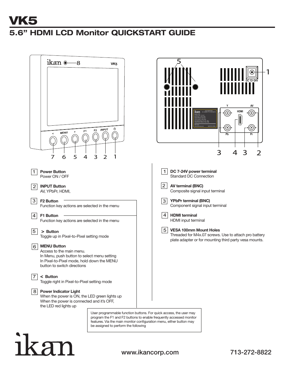 6” hdmi lcd monitor quickstart guide | ikan VK5 User Manual | Page 2 / 4