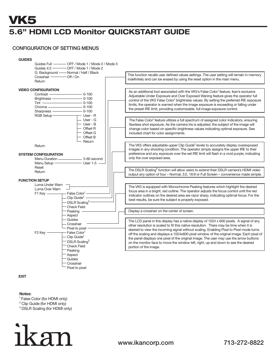 6” hdmi lcd monitor quickstart guide, Configuration of setting menus | ikan VK5 User Manual | Page 3 / 4