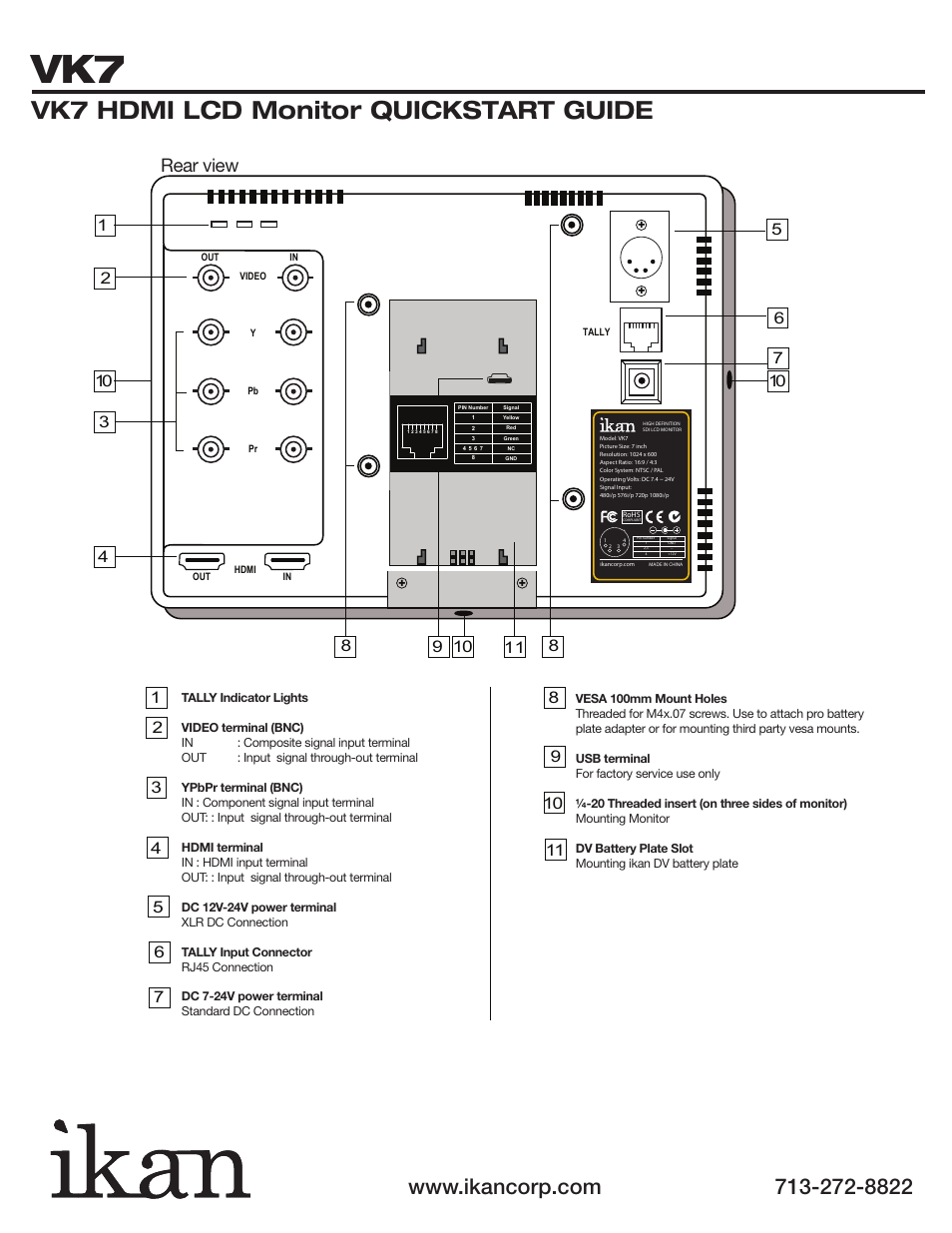 Vk7 hdmi lcd monitor quickstart guide, Rear view | ikan VK7 User Manual | Page 3 / 5