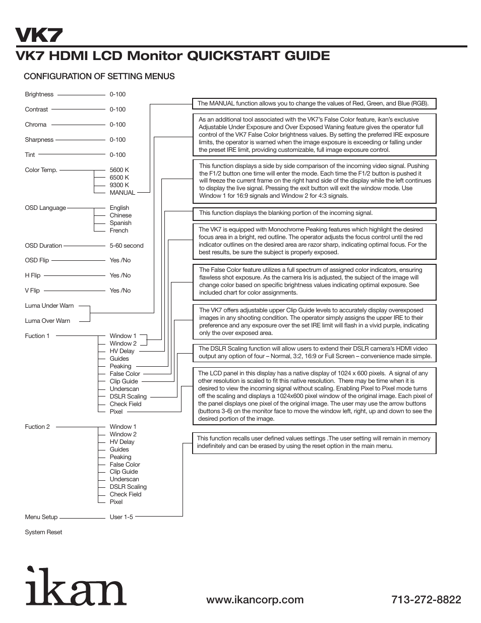 Vk7 hdmi lcd monitor quickstart guide, Configuration of setting menus | ikan VK7 User Manual | Page 4 / 5
