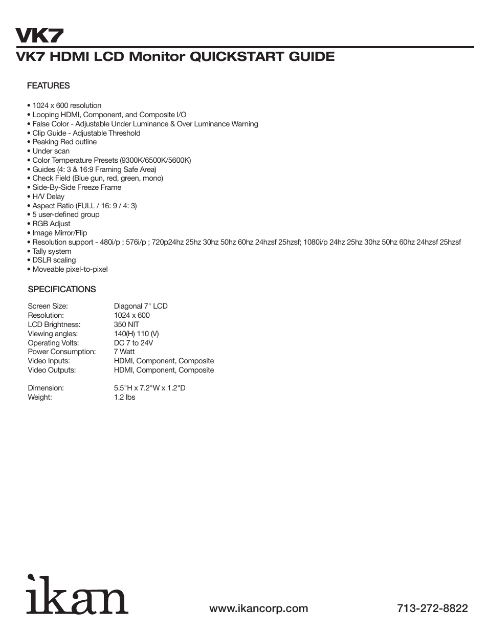 Vk7 hdmi lcd monitor quickstart guide | ikan VK7 User Manual | Page 5 / 5