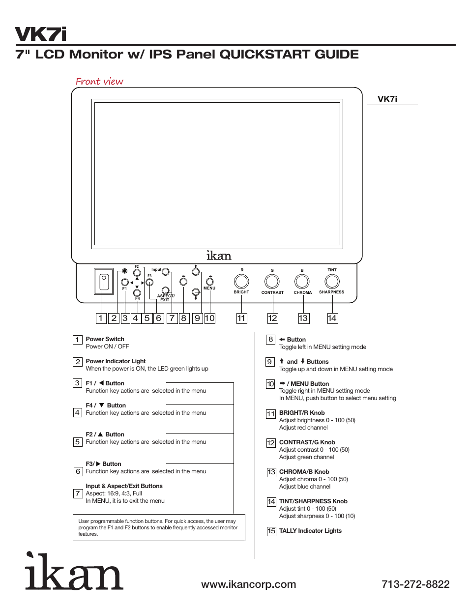 Vk7i, 7" lcd monitor w/ ips panel quickstart guide, Front view | ikan VK7i-1 User Manual | Page 2 / 5