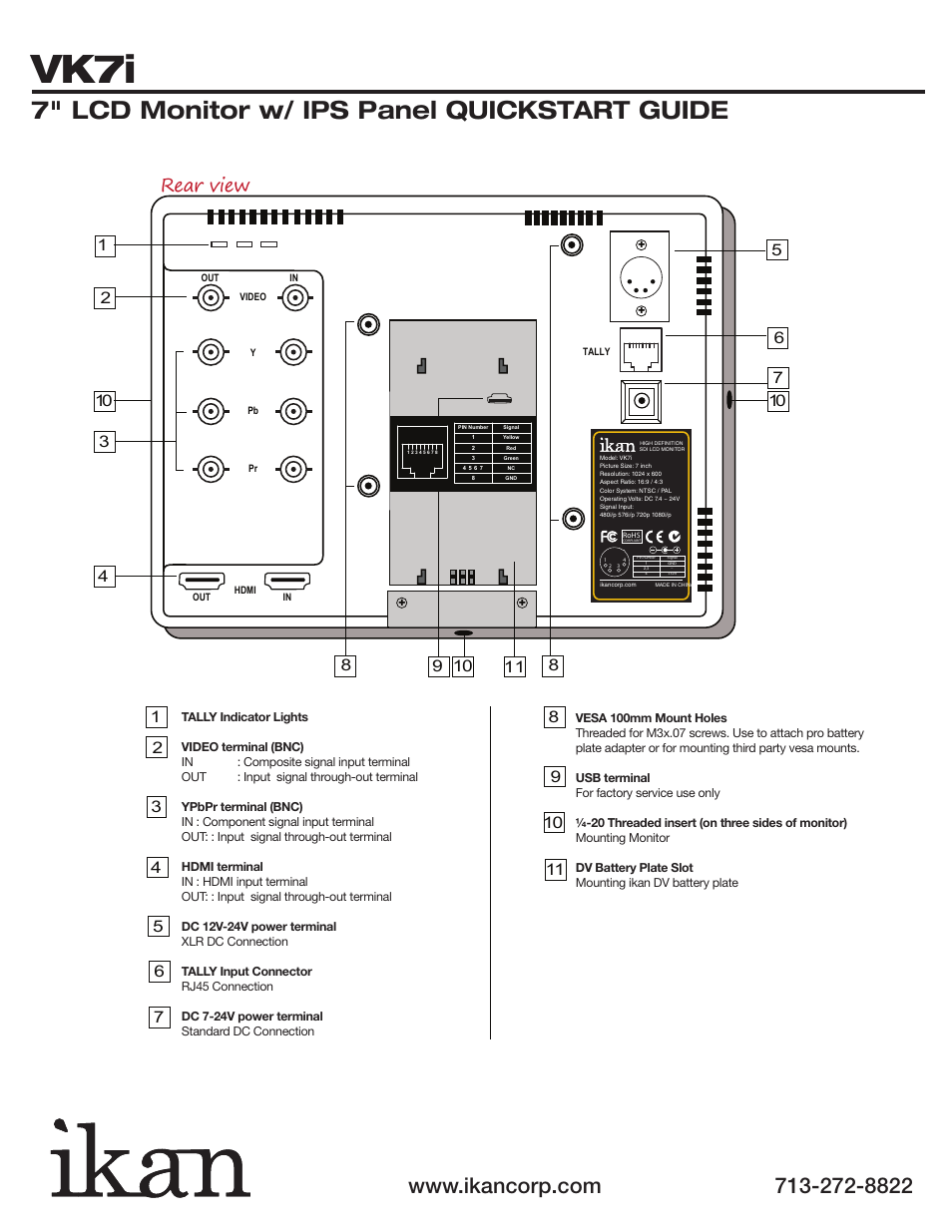 Vk7i, 7" lcd monitor w/ ips panel quickstart guide, Rear view | ikan VK7i-1 User Manual | Page 3 / 5