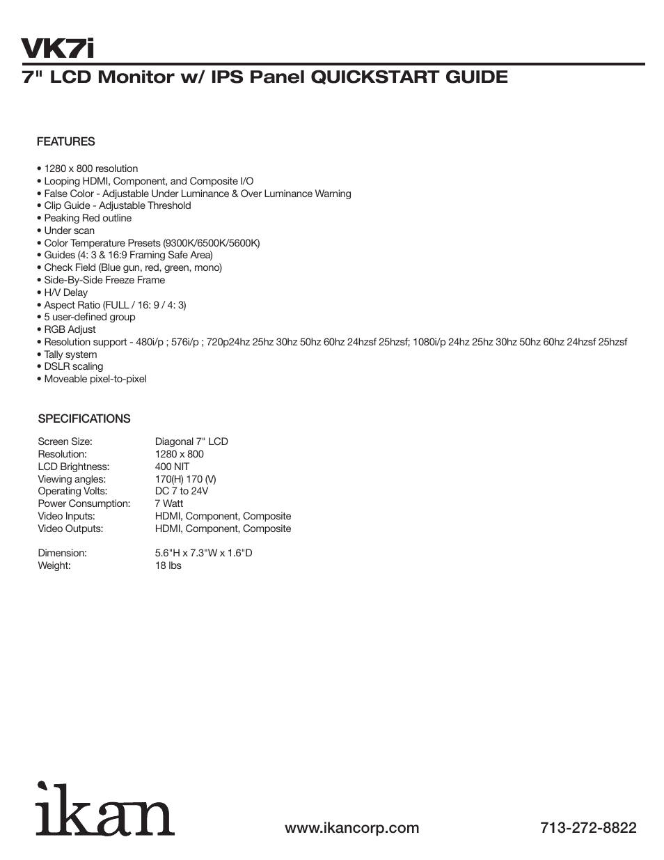 Vk7i, 7" lcd monitor w/ ips panel quickstart guide | ikan VK7i-1 User Manual | Page 5 / 5