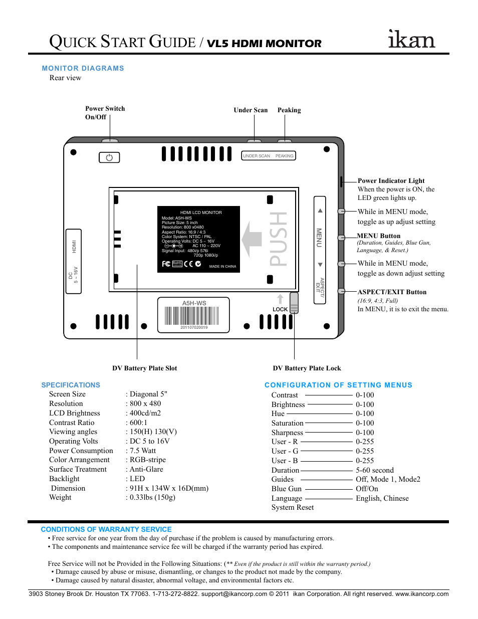 Push, Uick, Tart | Uide, Vl5 hdmi monitor | ikan VL5 User Manual | Page 2 / 2