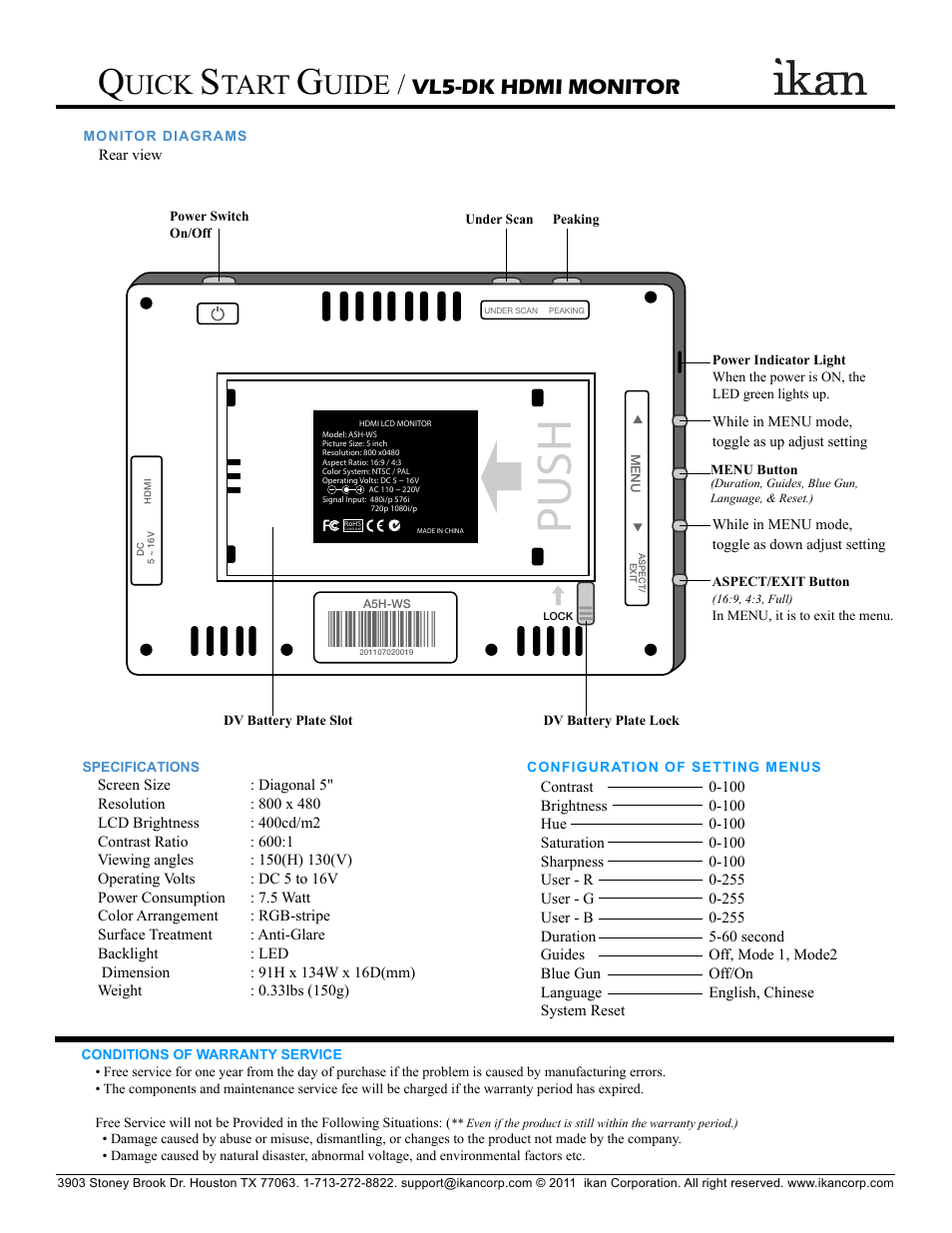 Push, Uick, Tart | Uide, Vl5-dk hdmi monitor | ikan VL5-DK User Manual | Page 2 / 2