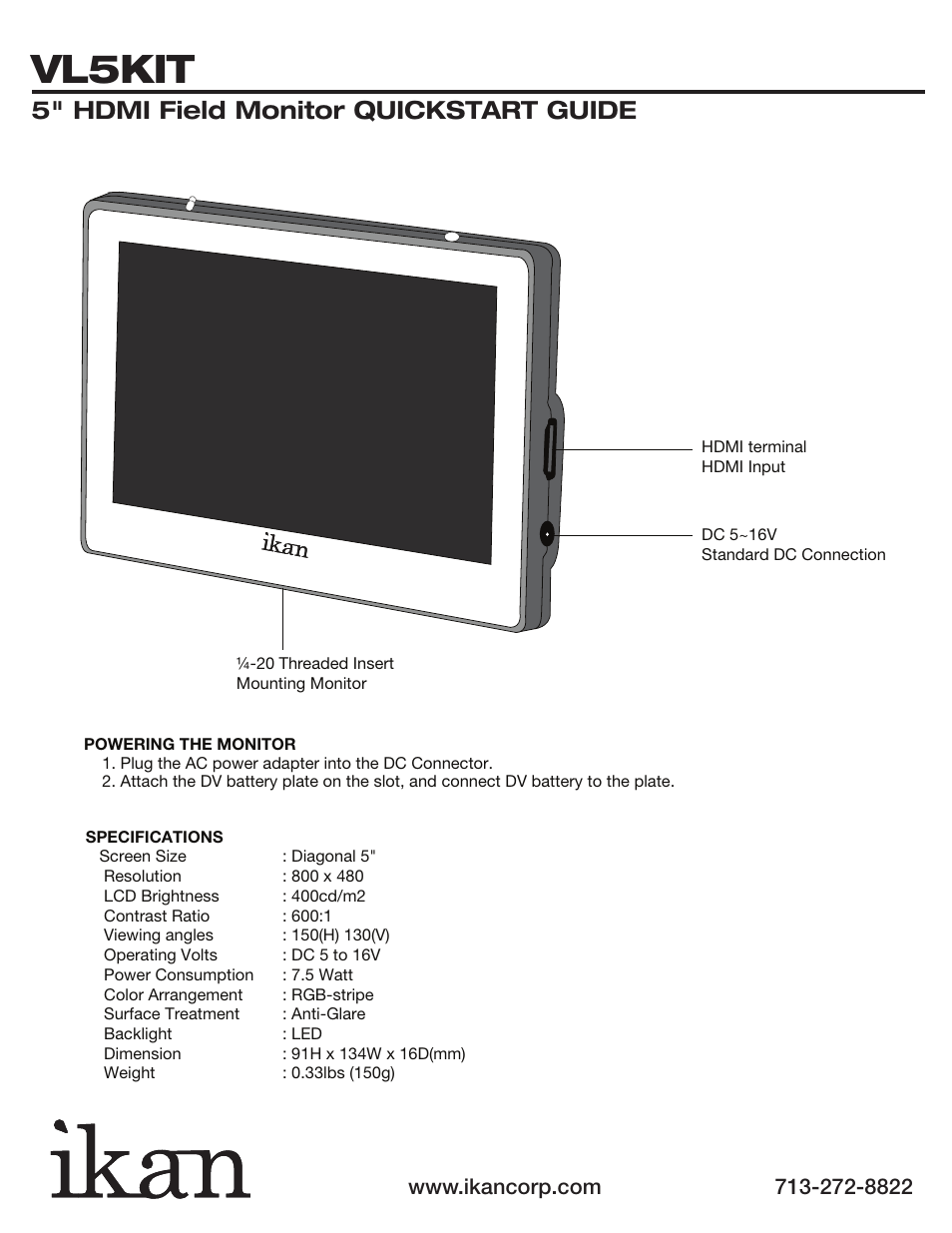 Vl5kit, 5" hdmi field monitor quickstart guide | ikan VL5-KIT-1 User Manual | Page 2 / 3