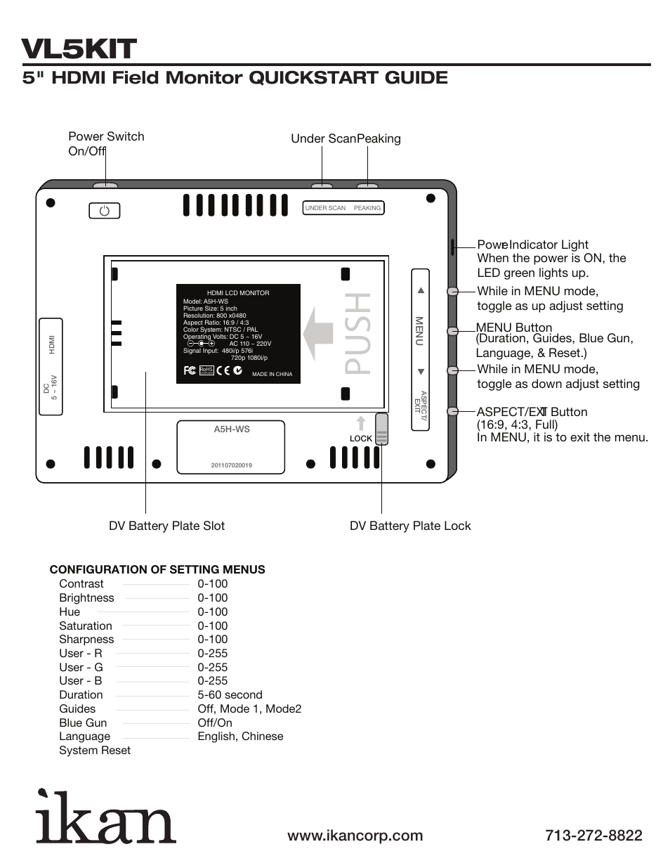 Push, Vl5kit, 5" hdmi field monitor quickstart guide | ikan VL5-KIT-1 User Manual | Page 3 / 3