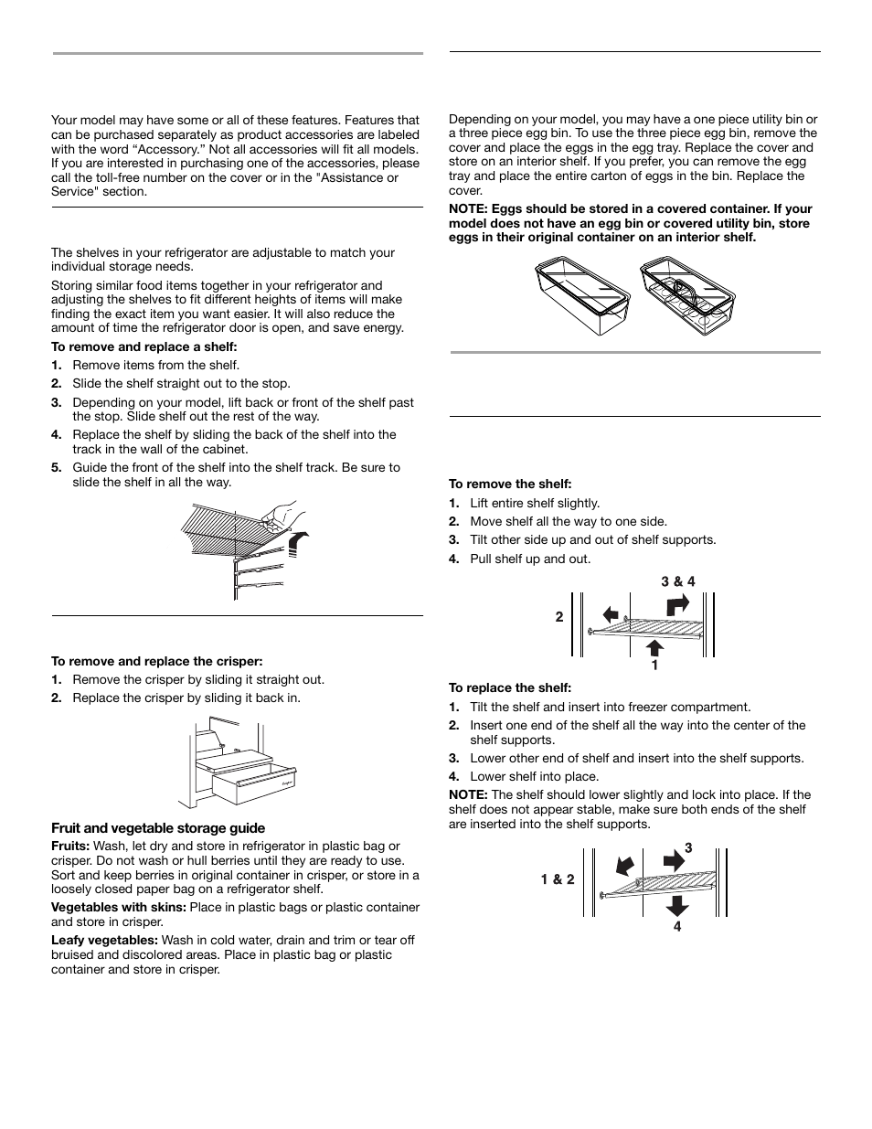 Refrigerator features, Refrigerator shelves, Crisper and crisper cover | Utility or egg bin, Freezer features, Freezer shelf | Crosley 2209920 User Manual | Page 10 / 16