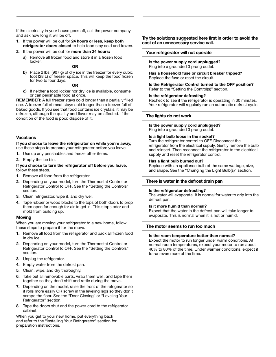 Troubleshooting, Power interruptions, Vacation and moving care | Crosley 2209920 User Manual | Page 12 / 16