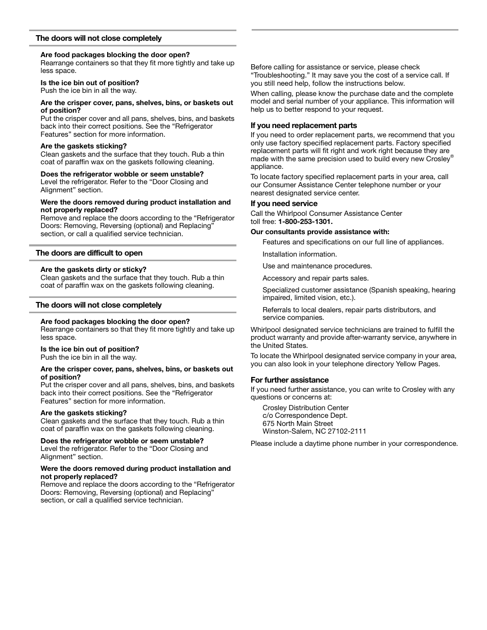 Assistance or service | Crosley 2209920 User Manual | Page 14 / 16
