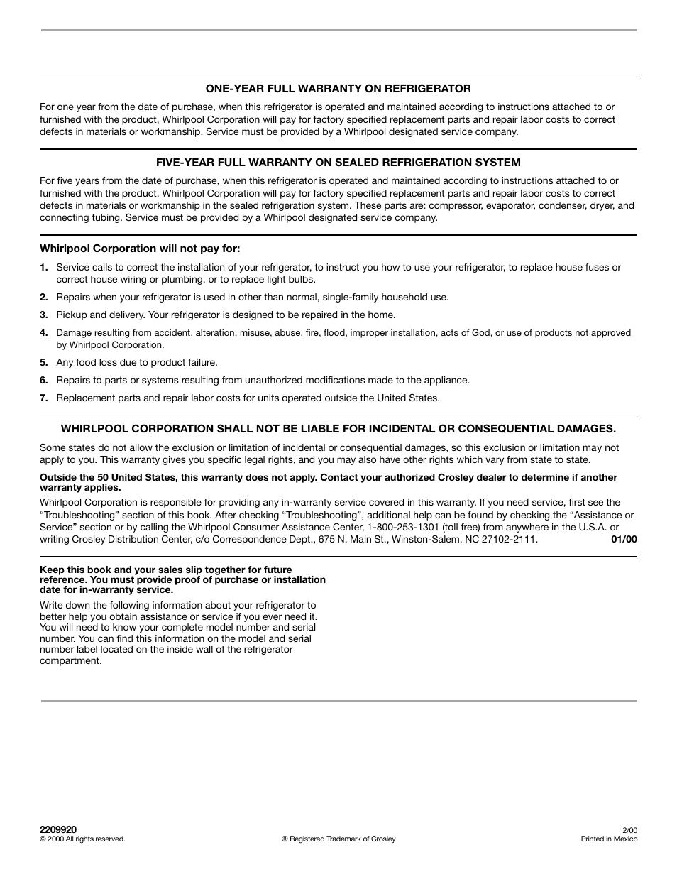 Warranty, Crosley, Refrigerator warranty | Crosley 2209920 User Manual | Page 16 / 16