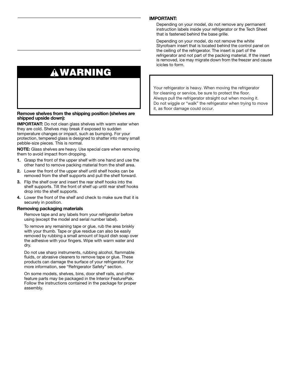 Installing your refrigerator, Unpacking your refrigerator, Warning | Crosley 2209920 User Manual | Page 4 / 16