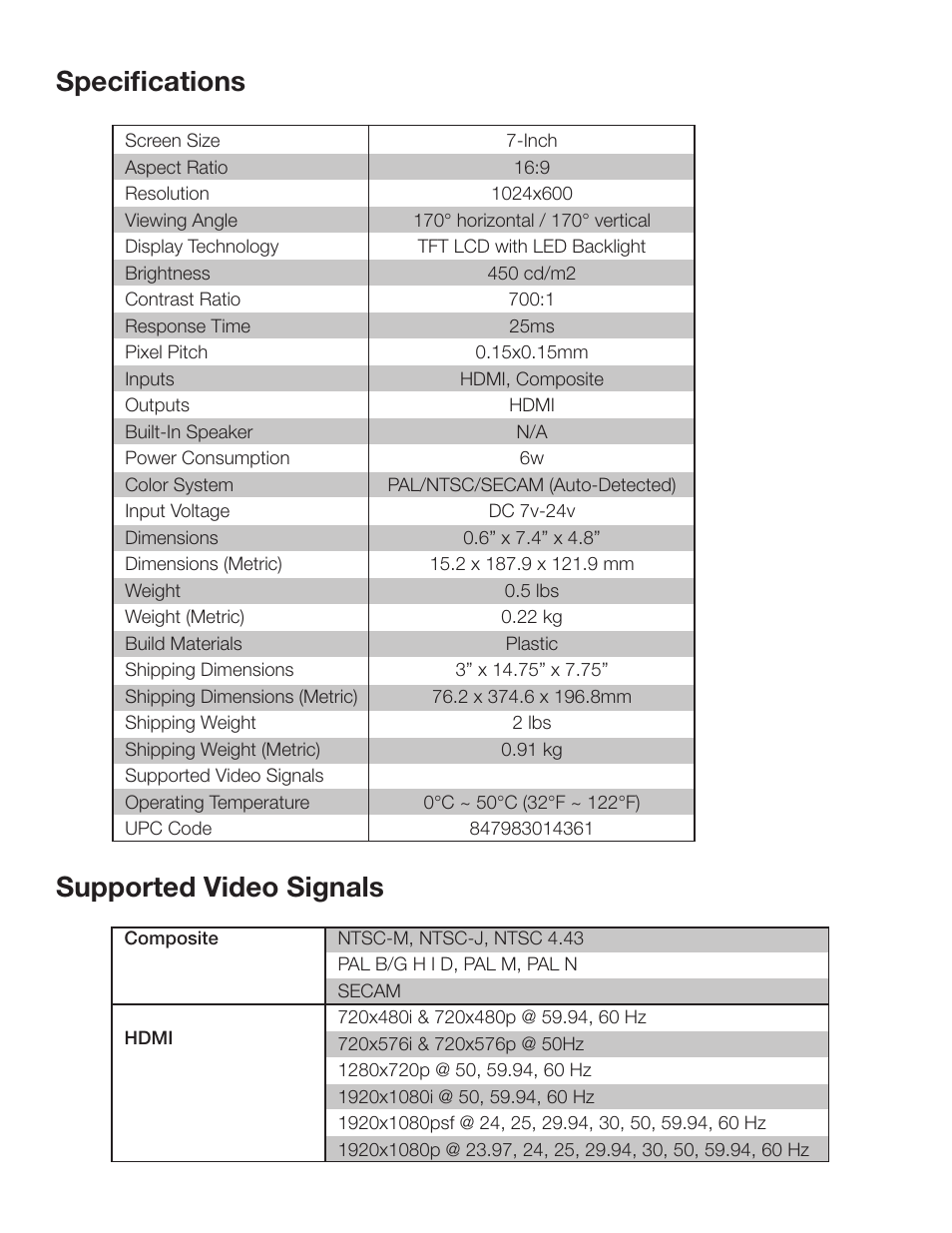 Specifications supported video signals | ikan VL7e User Manual | Page 4 / 5
