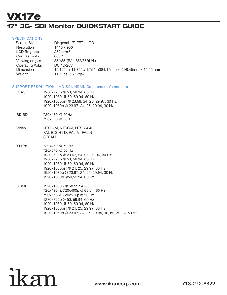 Vx17e, 17" 3g- sdi monitor quickstart guide | ikan VX17e User Manual | Page 4 / 8