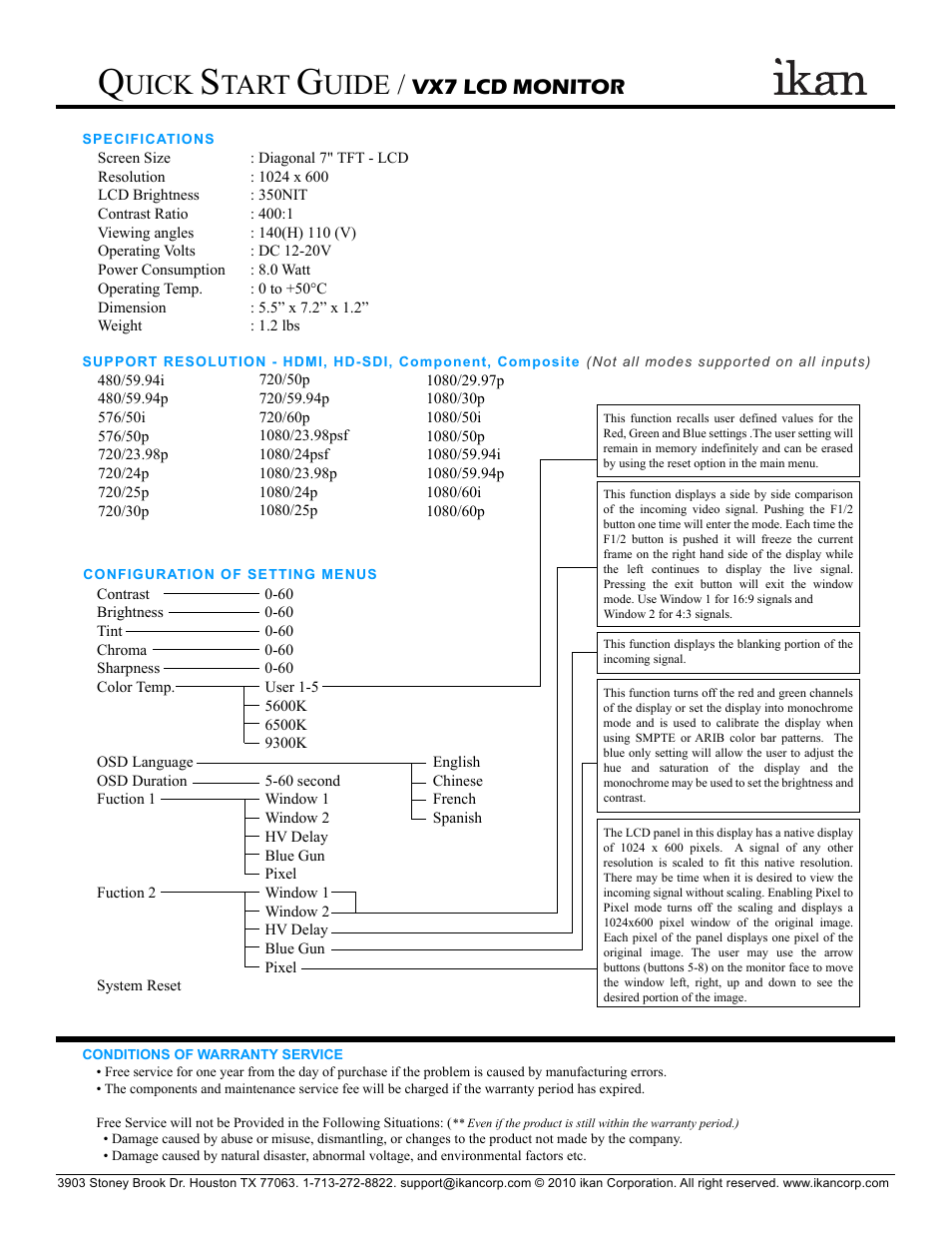 Uick, Tart, Uide | Vx7 lcd monitor | ikan VX7 User Manual | Page 3 / 3