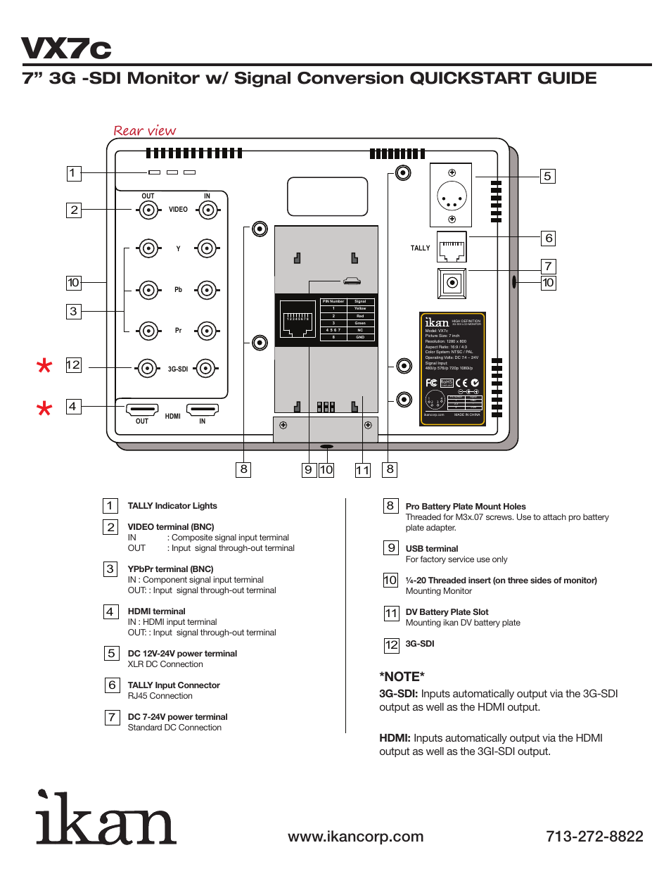 Vx7c, Rear view | ikan VX7c-1 User Manual | Page 3 / 5