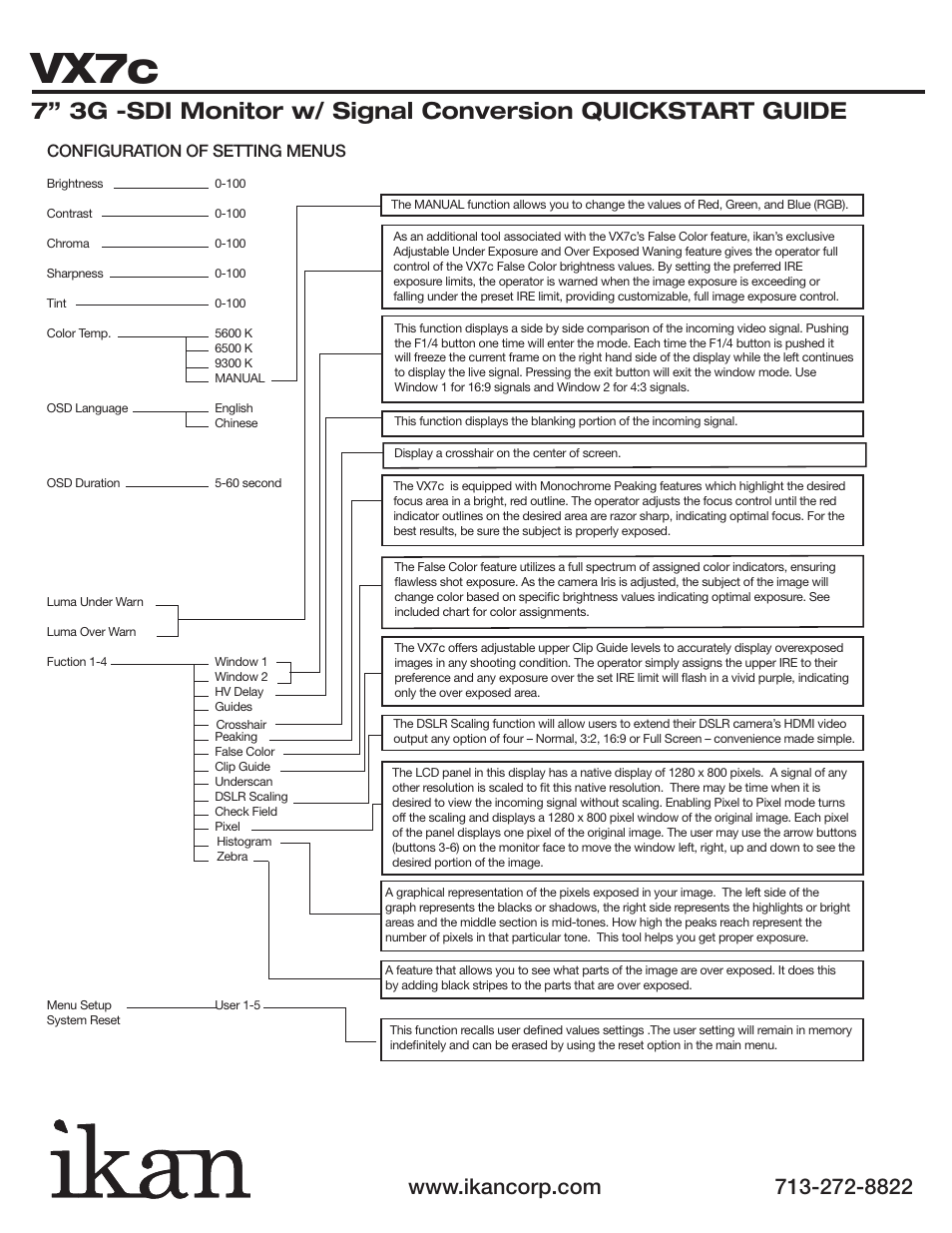 Vx7c, Configuration of setting menus | ikan VX7c-1 User Manual | Page 4 / 5