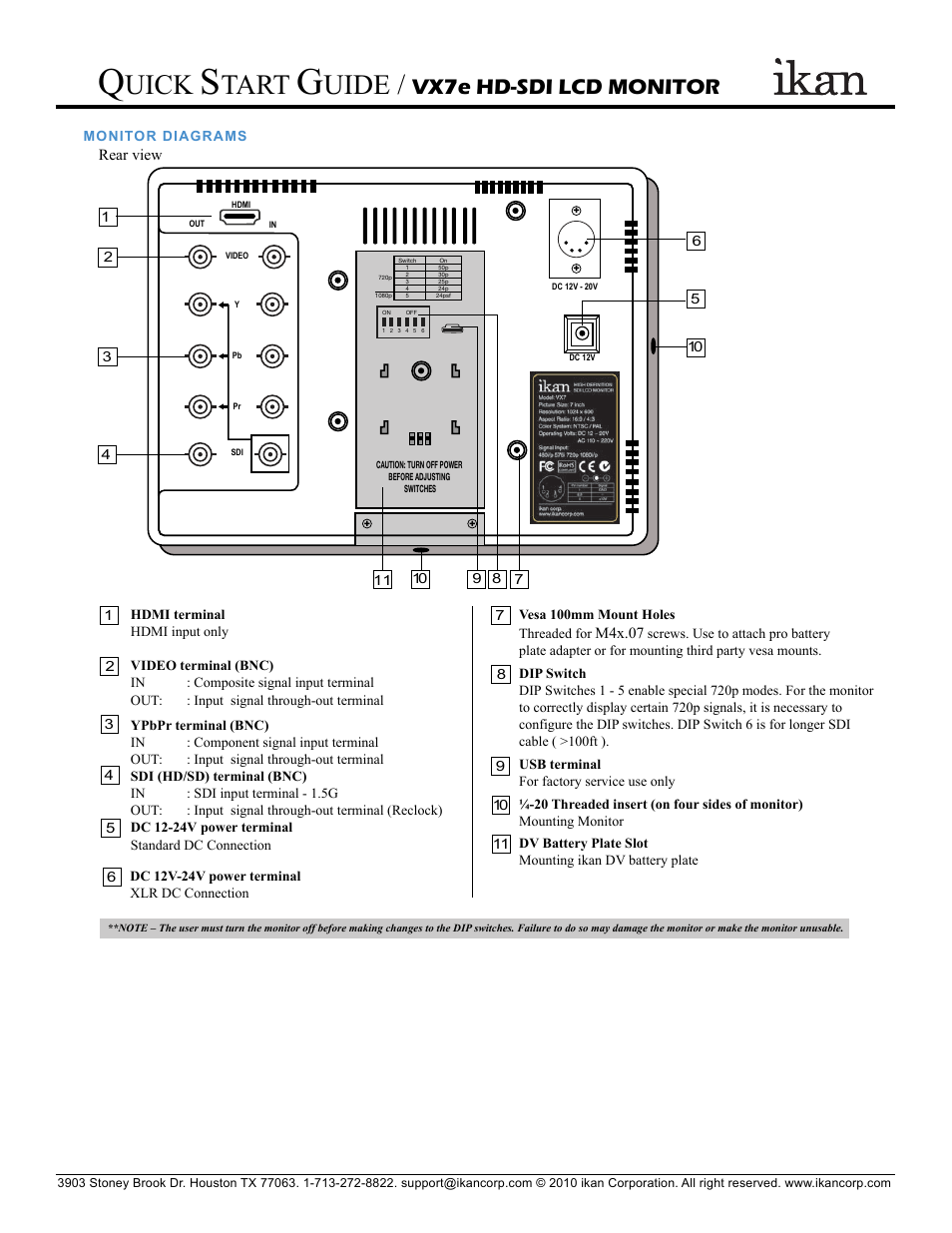 Uick, Tart, Uide | Vx7e hd-sdi lcd monitor | ikan VX7e User Manual | Page 2 / 5
