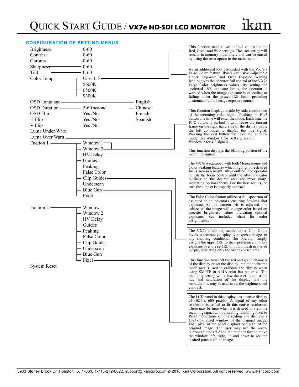 Uick, Tart, Uide | Vx7e hd-sdi lcd monitor | ikan VX7e User Manual | Page 3 / 5