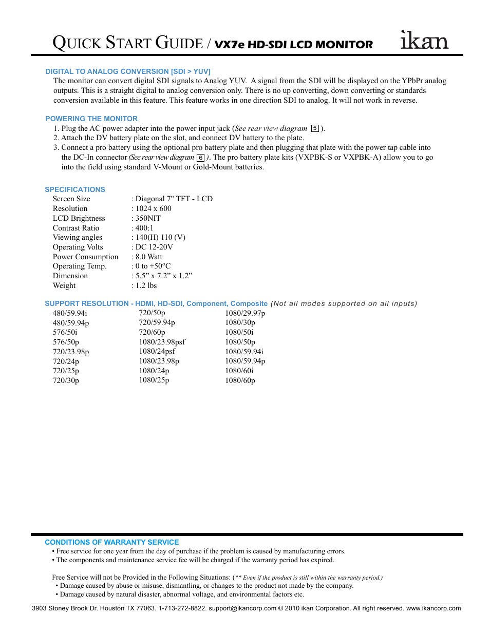 Uick, Tart, Uide | Vx7e hd-sdi lcd monitor | ikan VX7e User Manual | Page 4 / 5