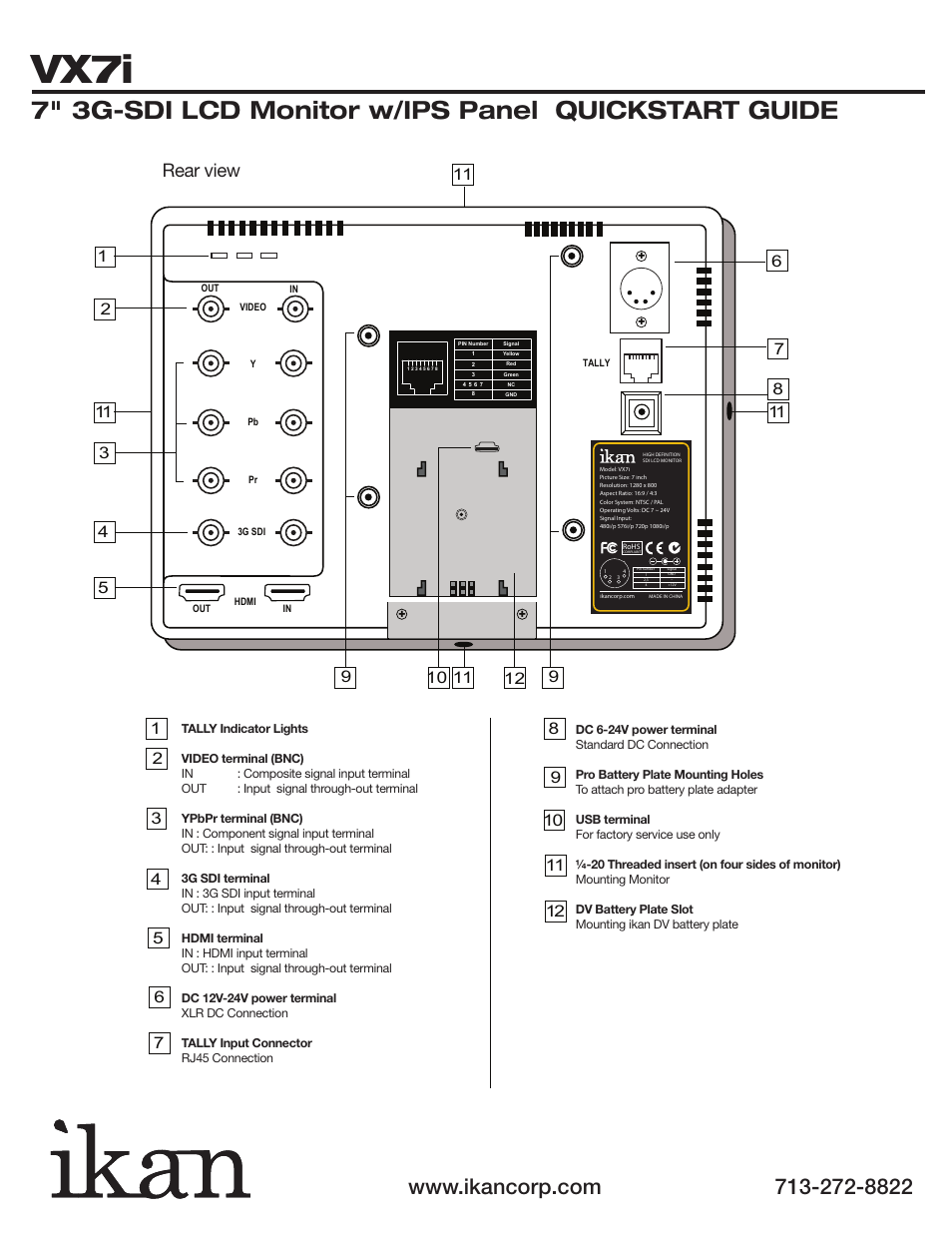 Vx7i, 7" 3g-sdi lcd monitor w/ips panel quickstart guide, Rear view | ikan VX7i User Manual | Page 3 / 5