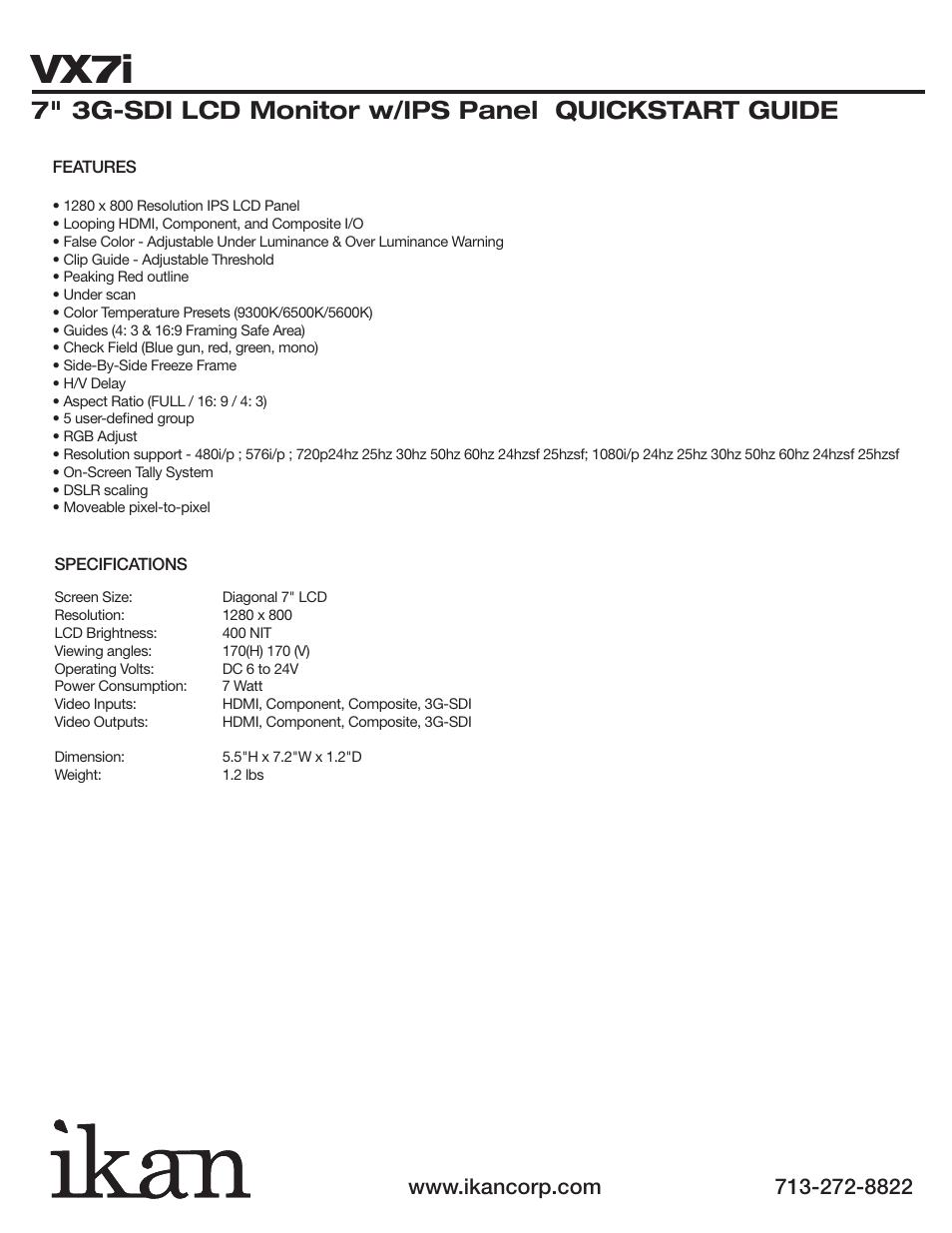 Vx7i, 7" 3g-sdi lcd monitor w/ips panel quickstart guide | ikan VX7i User Manual | Page 5 / 5
