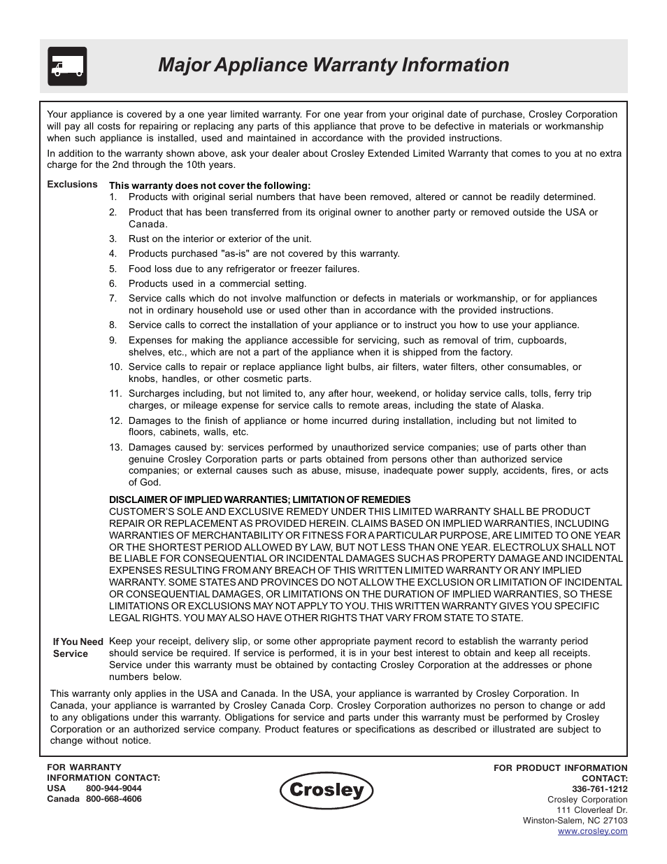 Major appliance warranty information | Crosley 316257131 User Manual | Page 12 / 12