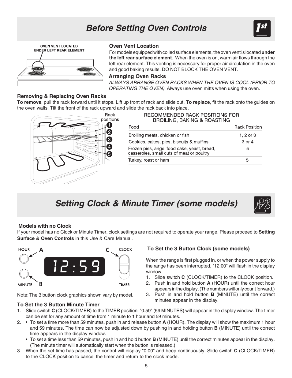 Before setting oven controls, Setting clock & minute timer (some models) | Crosley 316257131 User Manual | Page 5 / 12