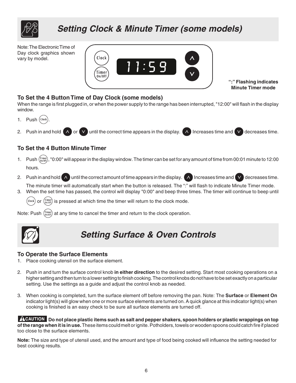 Setting surface & oven controls, Setting clock & minute timer (some models) | Crosley 316257131 User Manual | Page 6 / 12