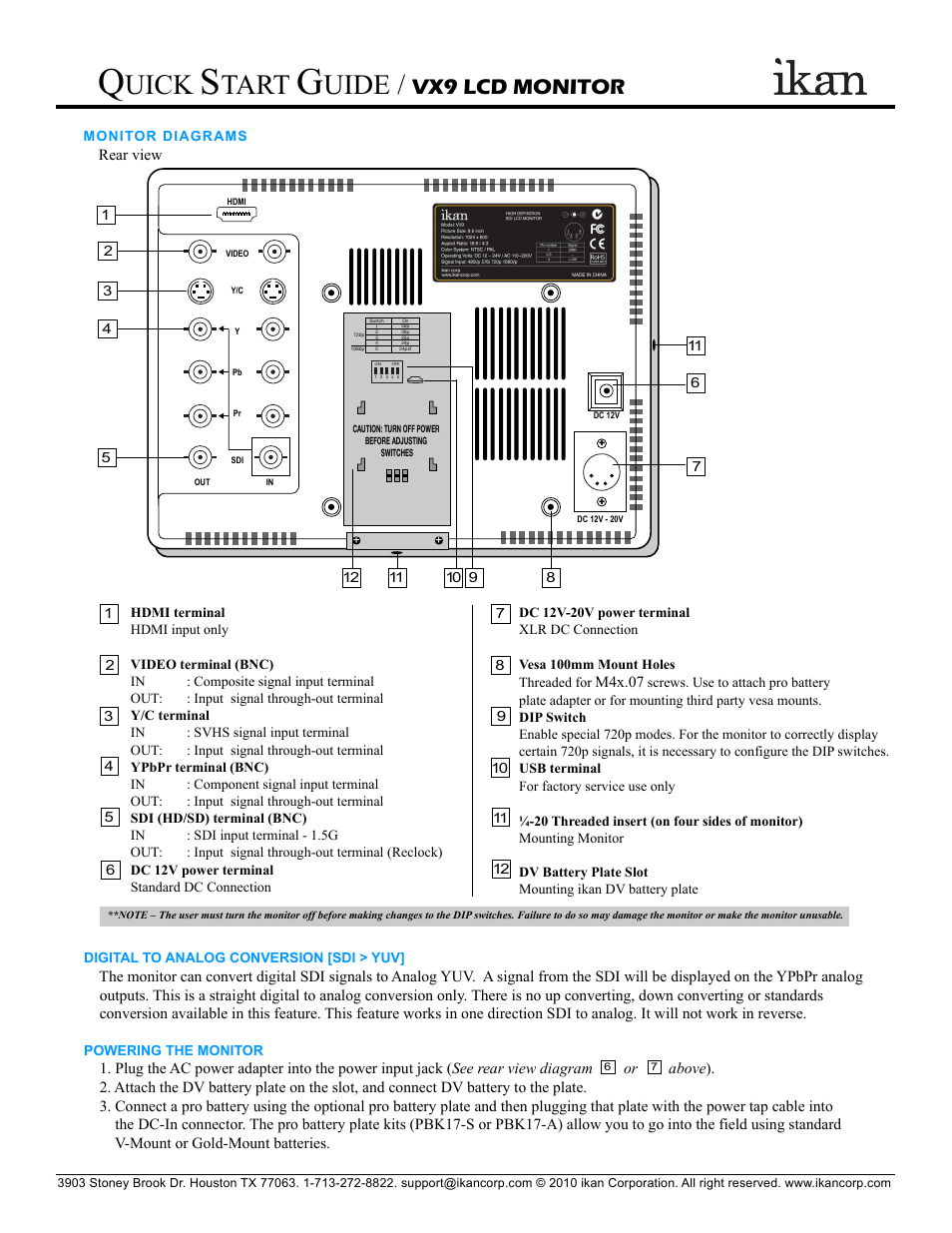 Uick, Tart, Uide | Vx9 lcd monitor | ikan VX9 User Manual | Page 2 / 3