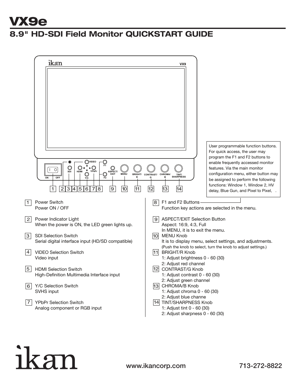 Vx9e, 9" hd-sdi field monitor quickstart guide | ikan VX9e User Manual | Page 2 / 4