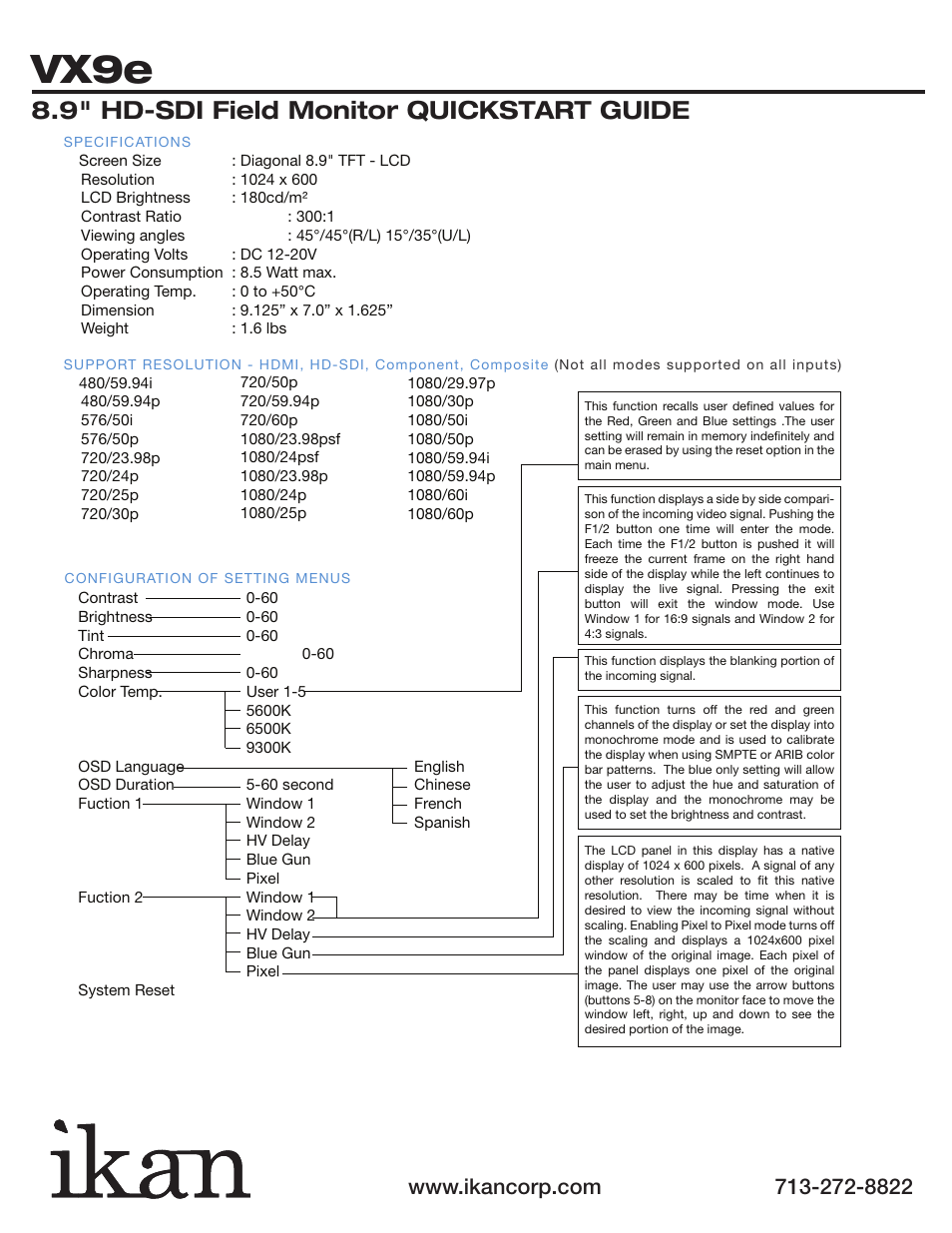 Vx9e, 9" hd-sdi field monitor quickstart guide | ikan VX9e User Manual | Page 4 / 4