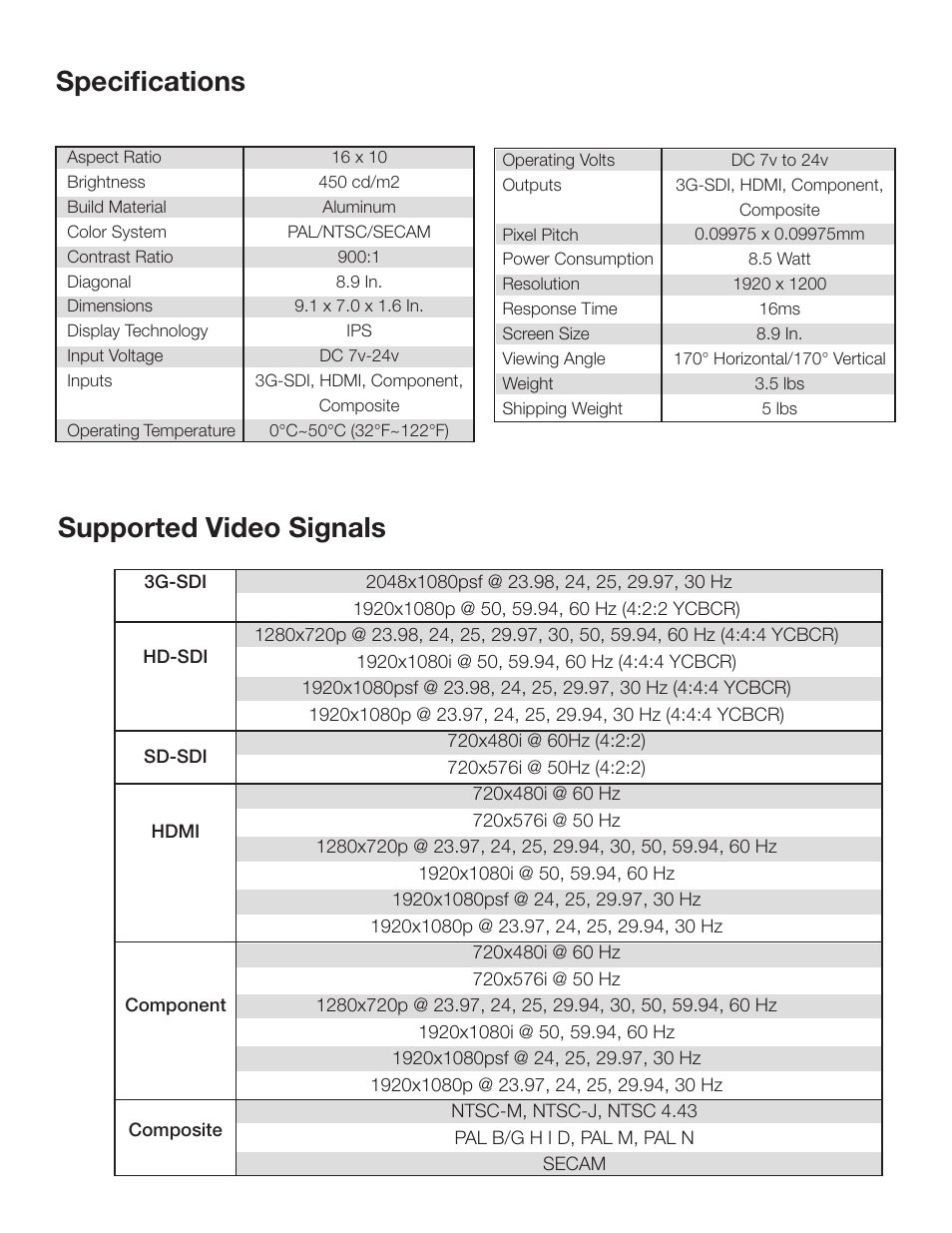 Specifications supported video signals | ikan VX9w-1 User Manual | Page 5 / 6