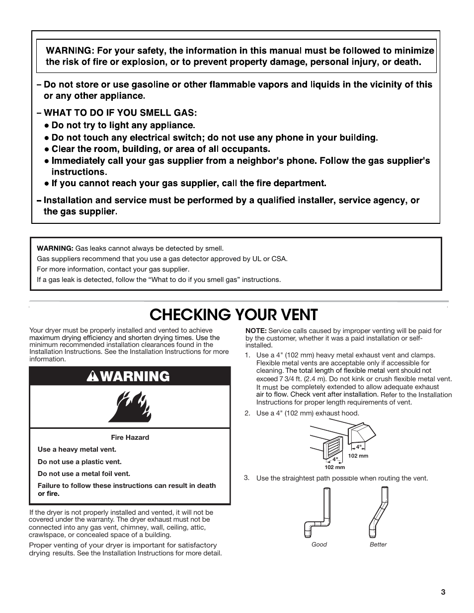 Checking your vent, Warning | Crosley W10223589B User Manual | Page 3 / 8