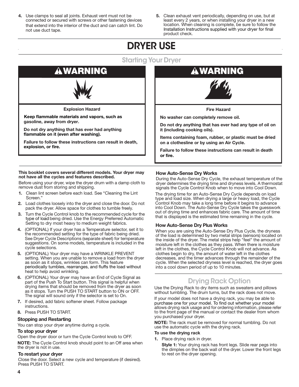 Dryer use, Warning, Drying rack option | Starting your dryer | Crosley W10223589B User Manual | Page 4 / 8