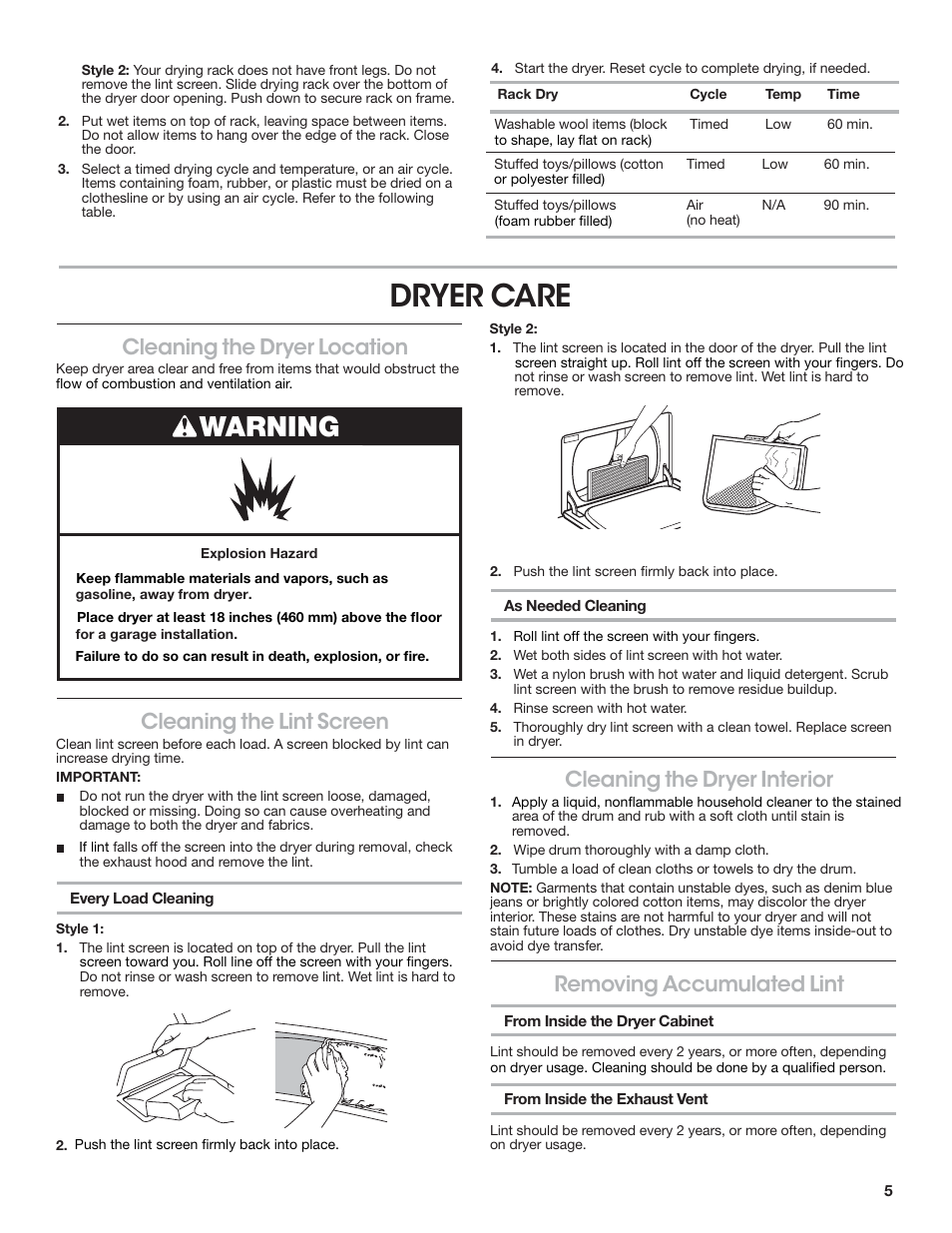 Dryer care, Warning, Cleaning the dryer location | Cleaning the lint screen, Cleaning the dryer interior, Removing accumulated lint | Crosley W10223589B User Manual | Page 5 / 8