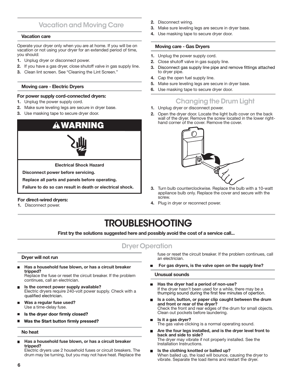 Troubleshooting, Warning, Changing the drum light | Dryer operation, Vacation and moving care | Crosley W10223589B User Manual | Page 6 / 8