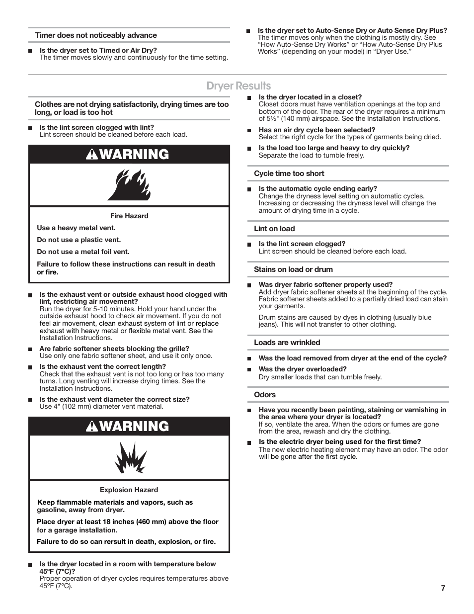 Warning, Dryer results | Crosley W10223589B User Manual | Page 7 / 8