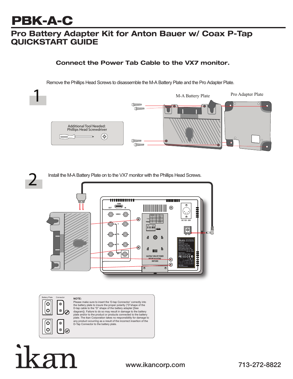 Pbk-a-c, Connect the power tab cable to the vx7 monitor, M-a battery plate pro adapter plate | Additional tool needed: phillips head screwdriver | ikan PBK-A-C User Manual | Page 2 / 3